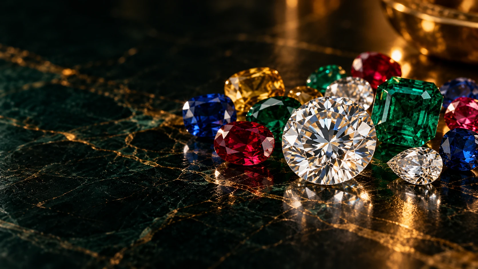 Rare gemstones and diamonds on emerald marble